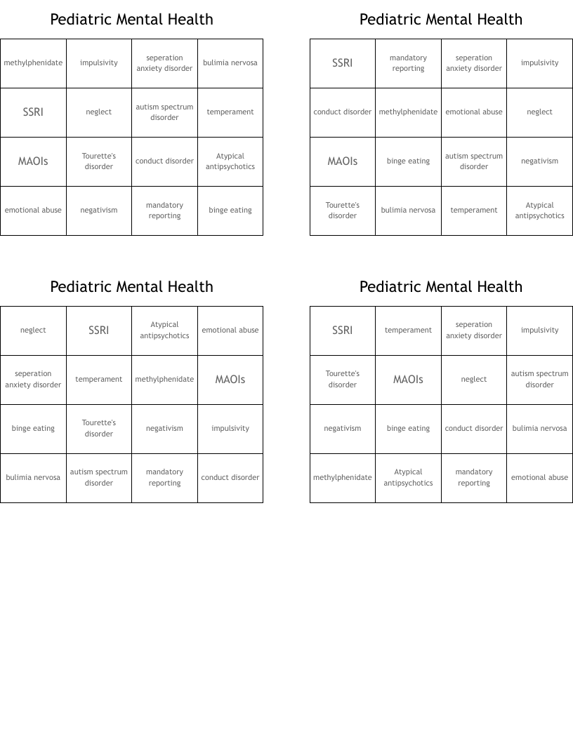 Pediatric Mental Health  Bingo Cards