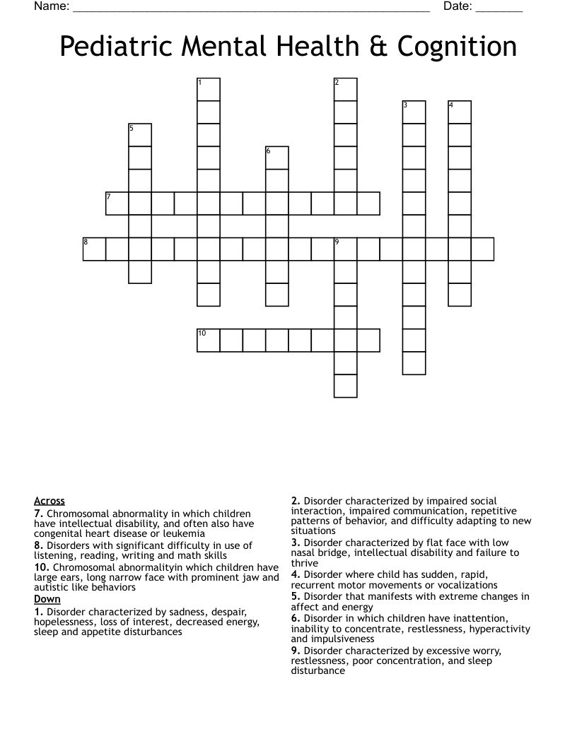 Pediatric Mental Health & Cognition Crossword