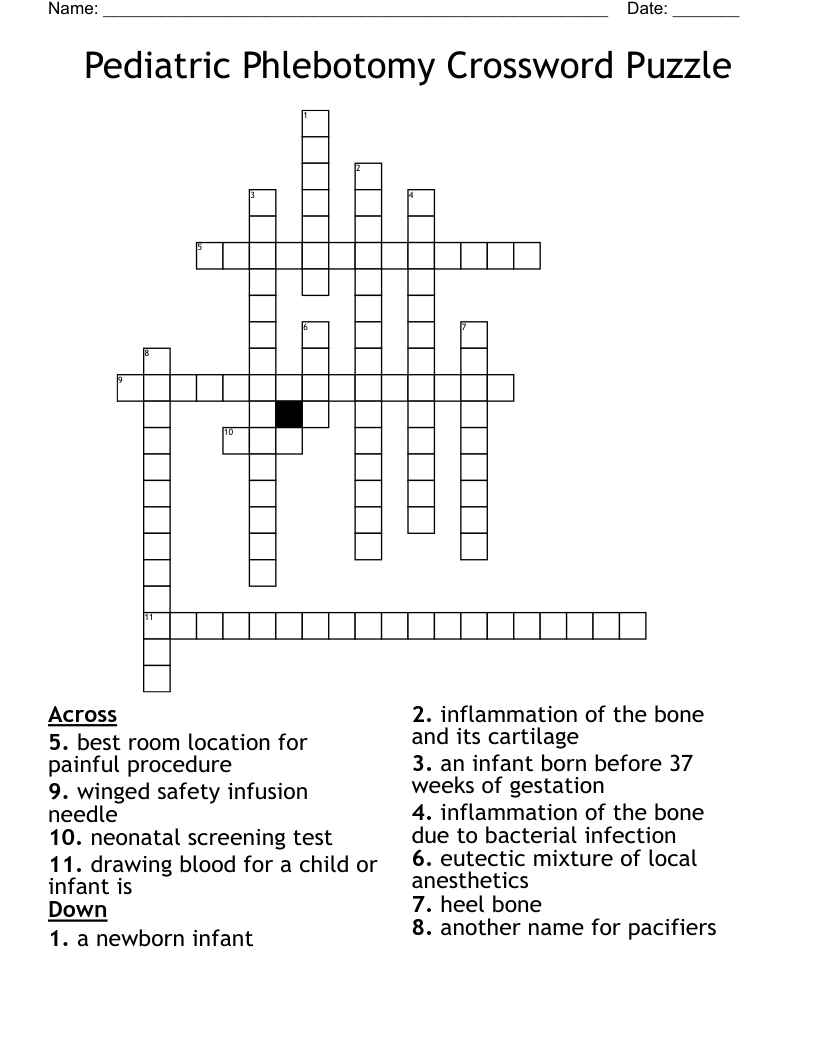 Pediatric Phlebotomy Crossword Puzzle