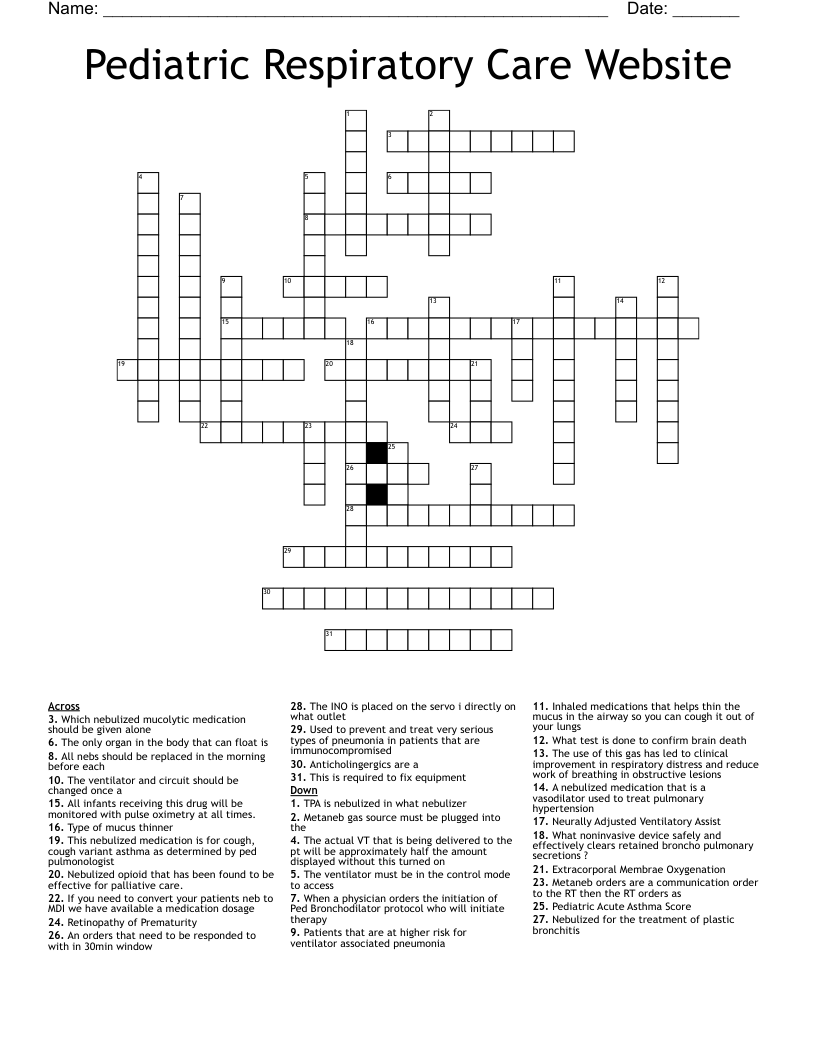 Pediatric Respiratory Care Website Crossword