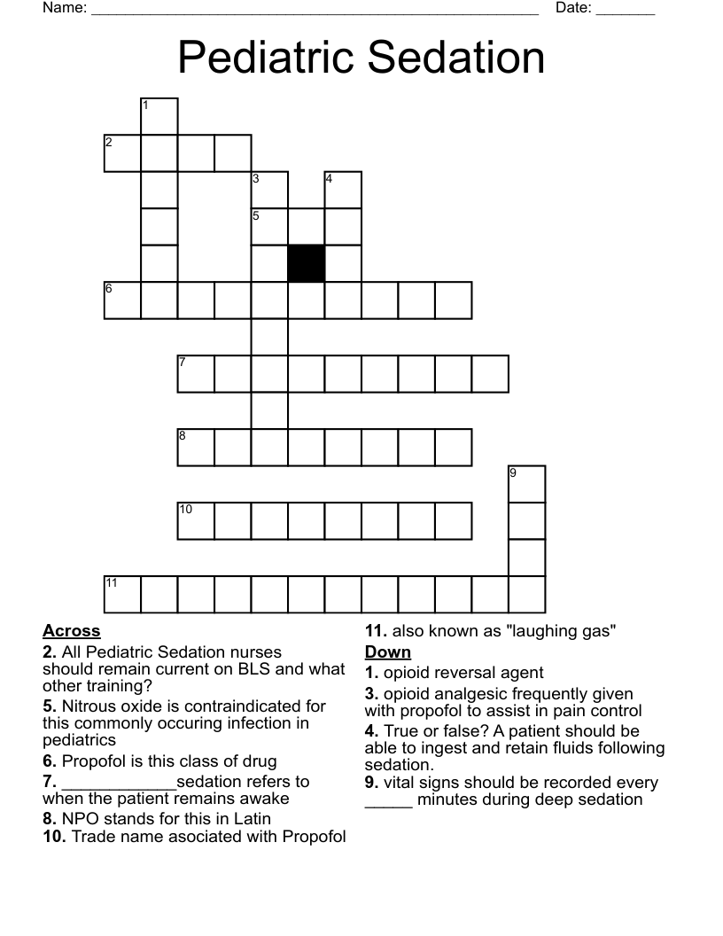 Pediatric Sedation Crossword