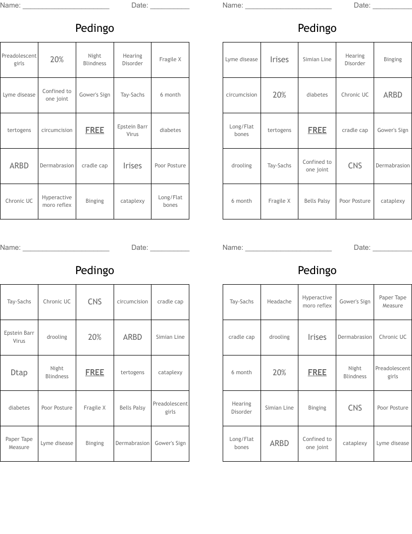 Pedingo Bingo Cards