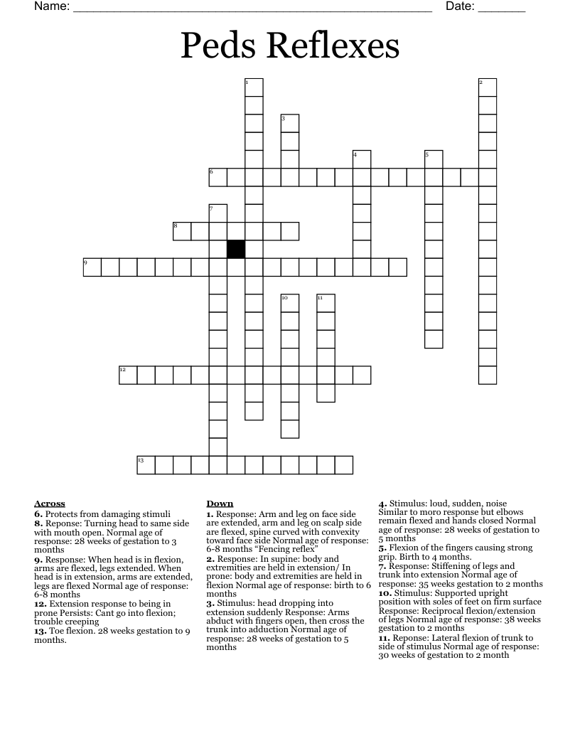 Peds Reflexes Crossword