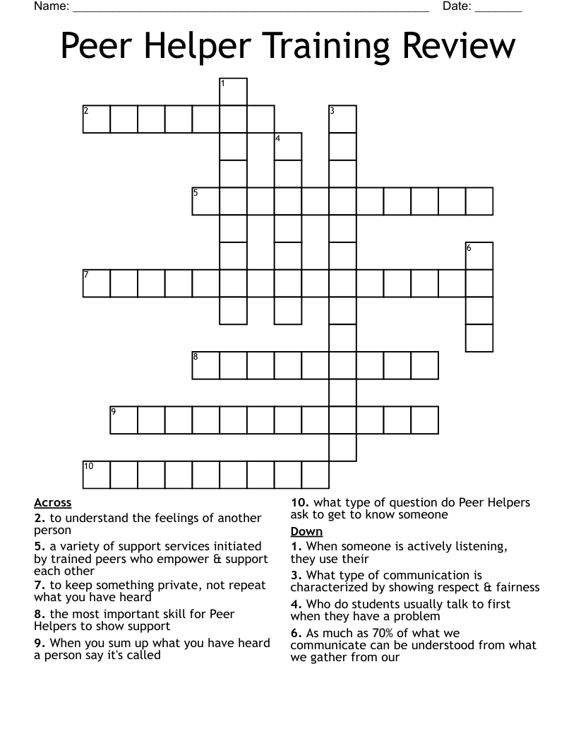 Peer Helper Training Review Crossword