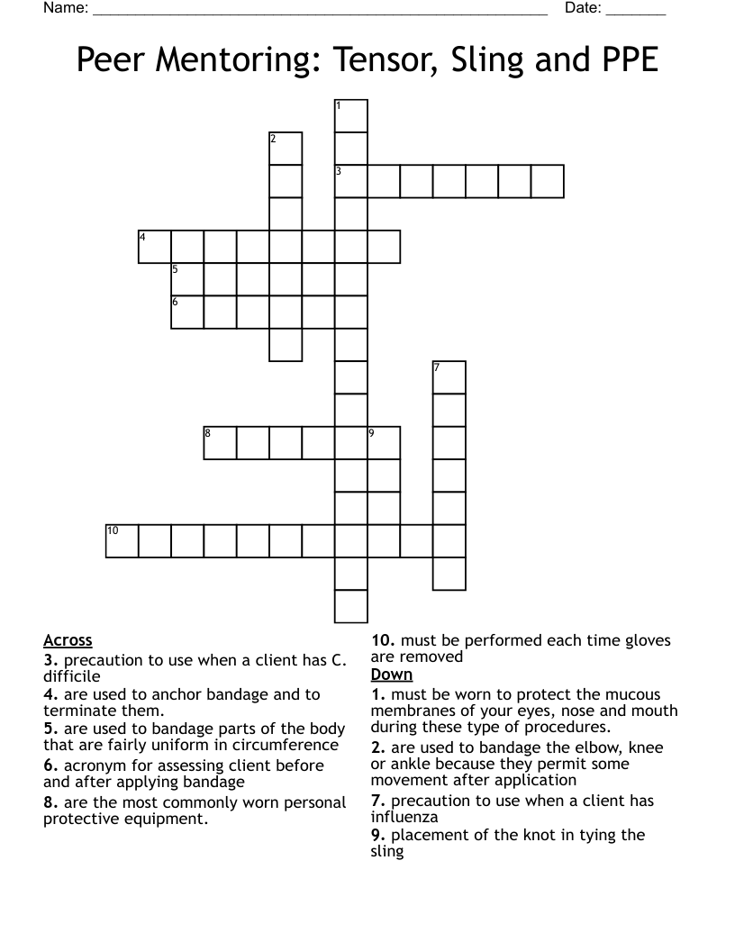 Peer Mentoring: Tensor, Sling and PPE Crossword