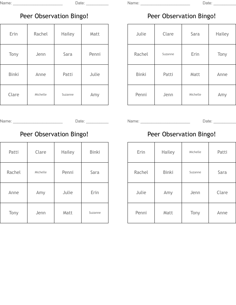 Peer Observation Bingo!