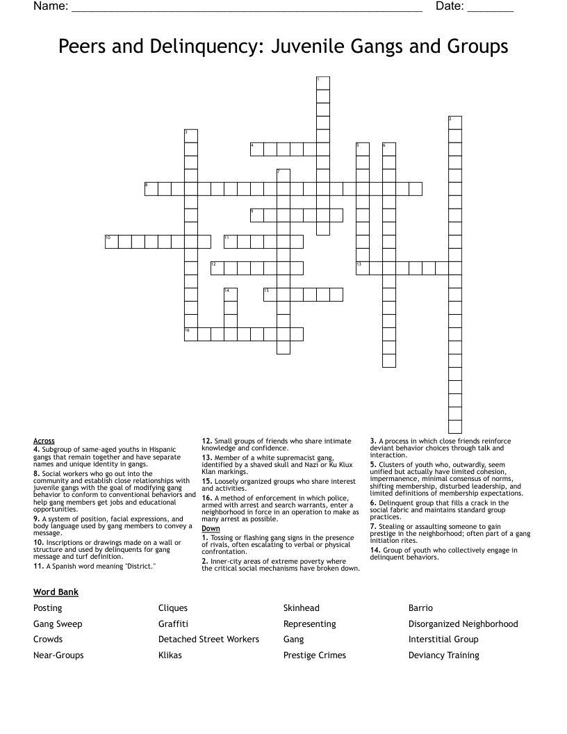 Peers and Delinquency: Juvenile Gangs and Groups Crossword