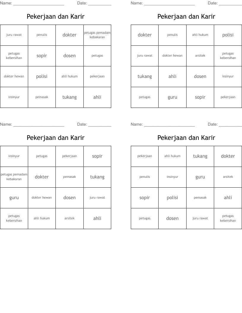 Pekerjaan dan Karir Bingo Cards