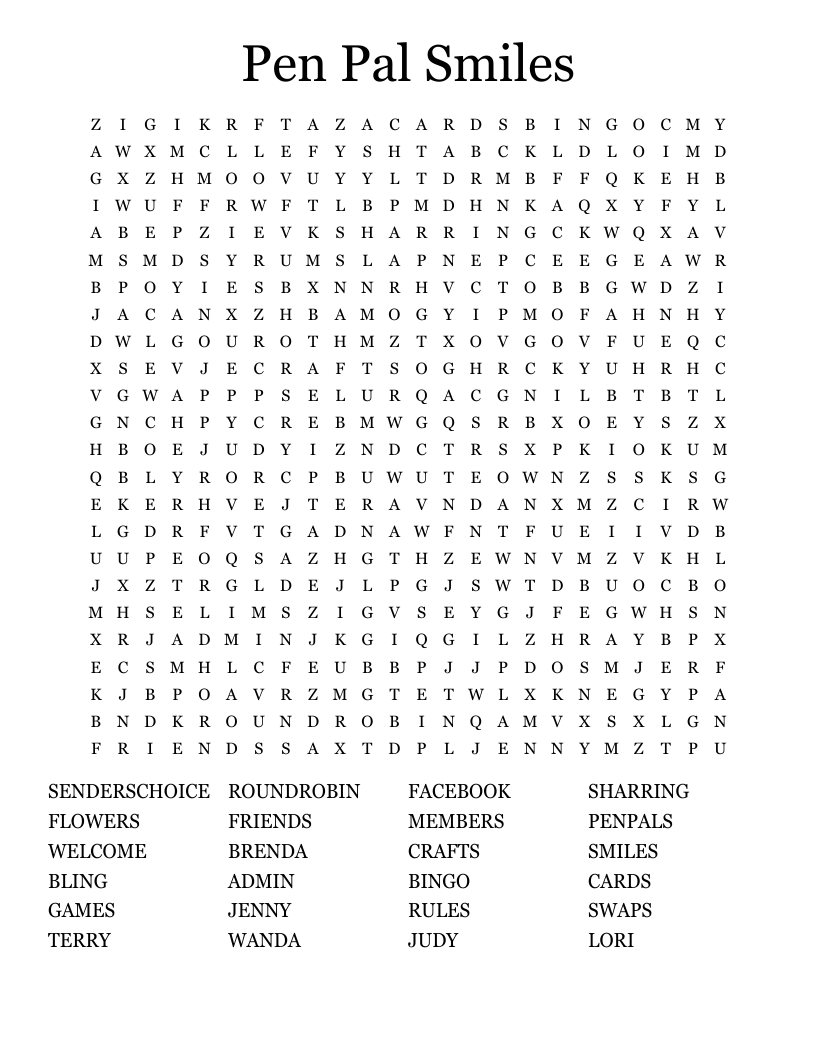 Pen Pal Smiles Word Search