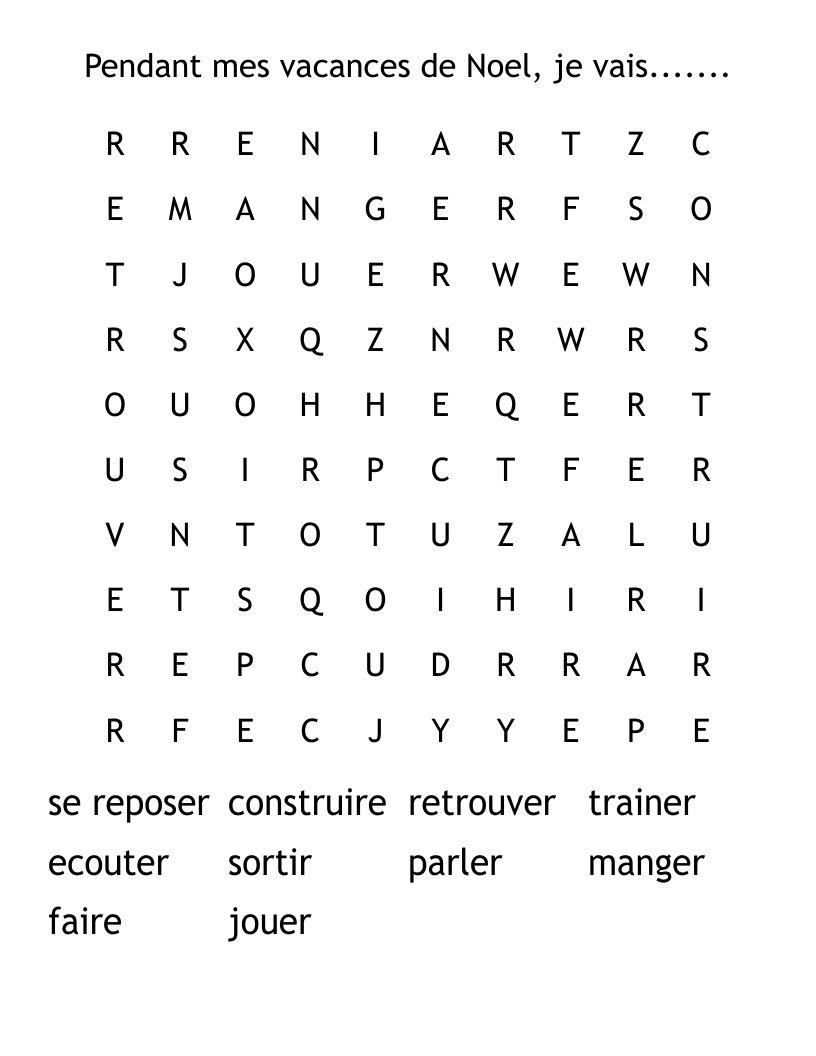 Pendant mes vacances de Noel, je vais....... Word Search