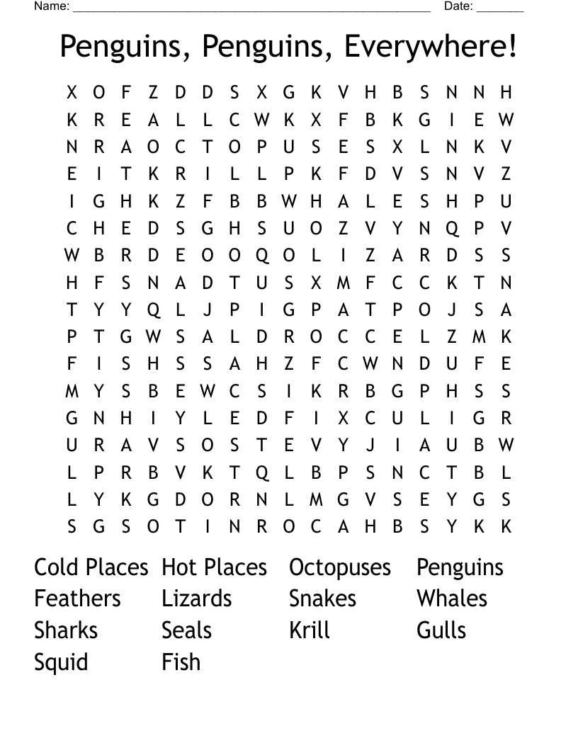 Penguins, Penguins, Everywhere! Word Search