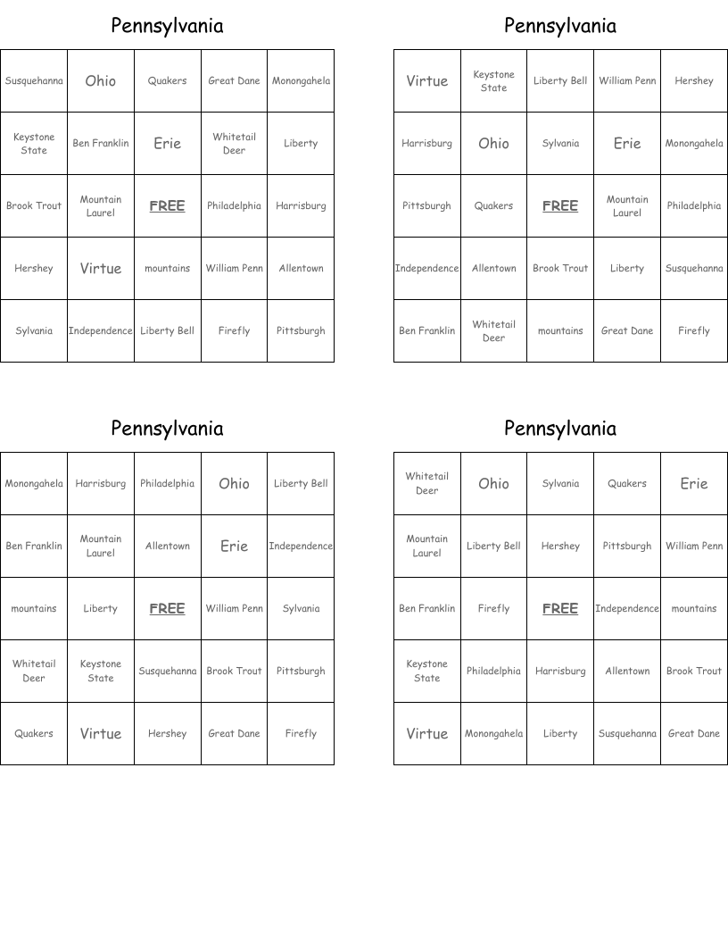 Pennsylvania Bingo Cards