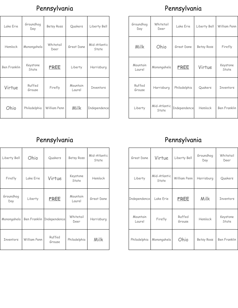 Pennsylvania Bingo Cards