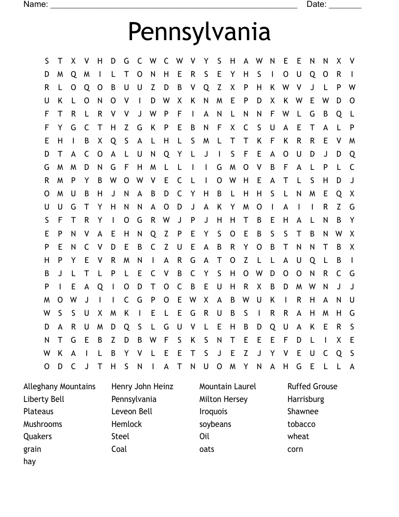 Pennsylvania Word Search