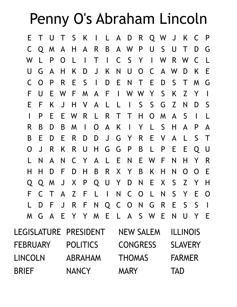 Penny O's Abraham Lincoln Word Search