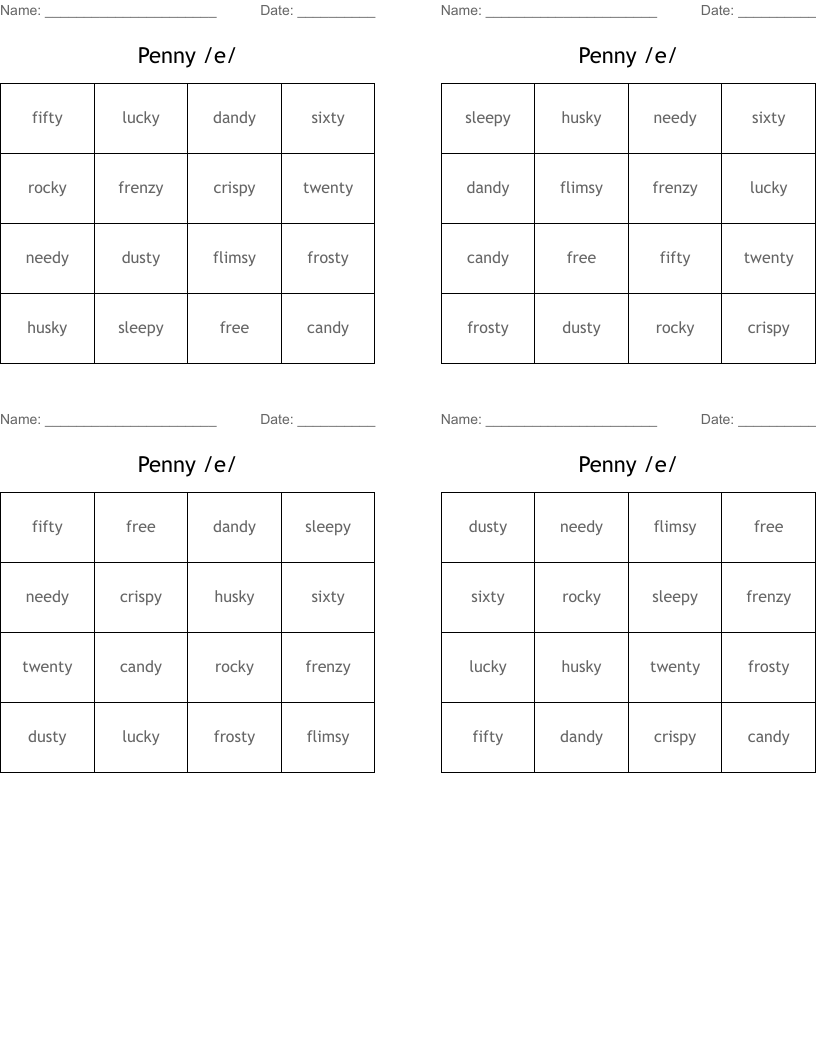Penny /e/ Bingo Cards