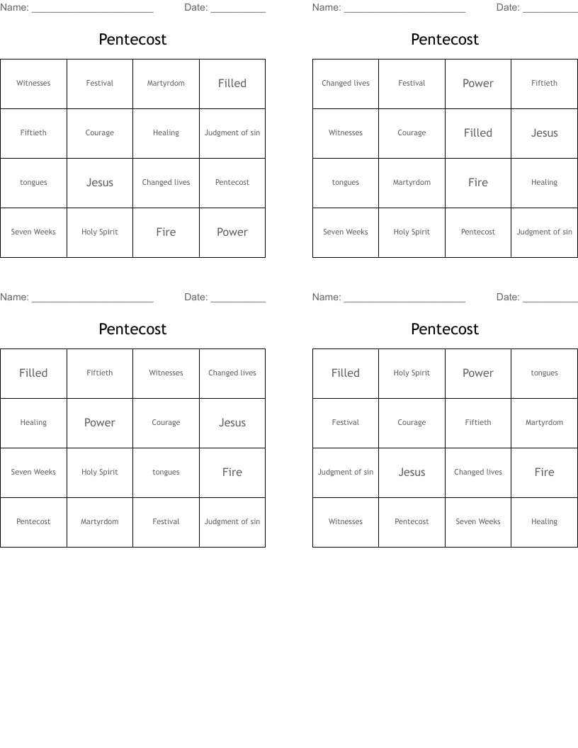 Pentecost Bingo Cards