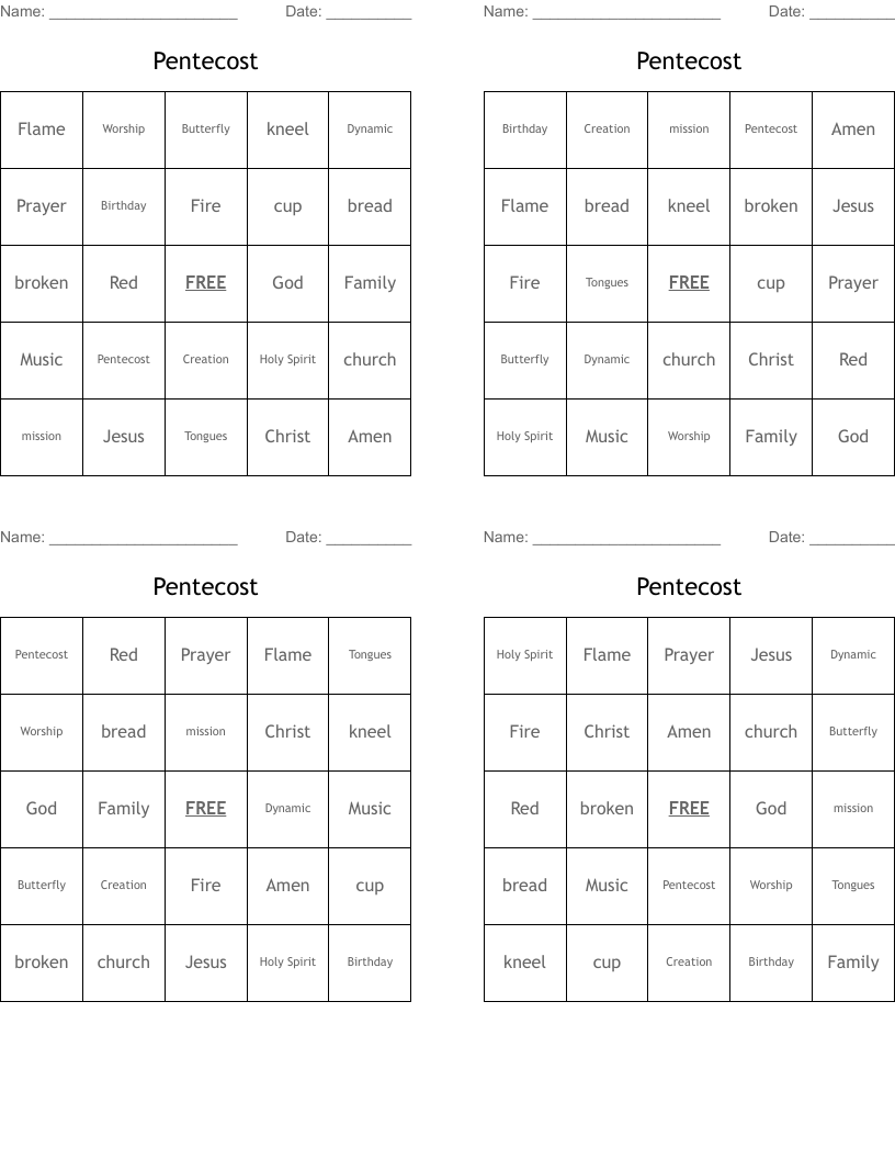 Pentecost  Bingo Cards