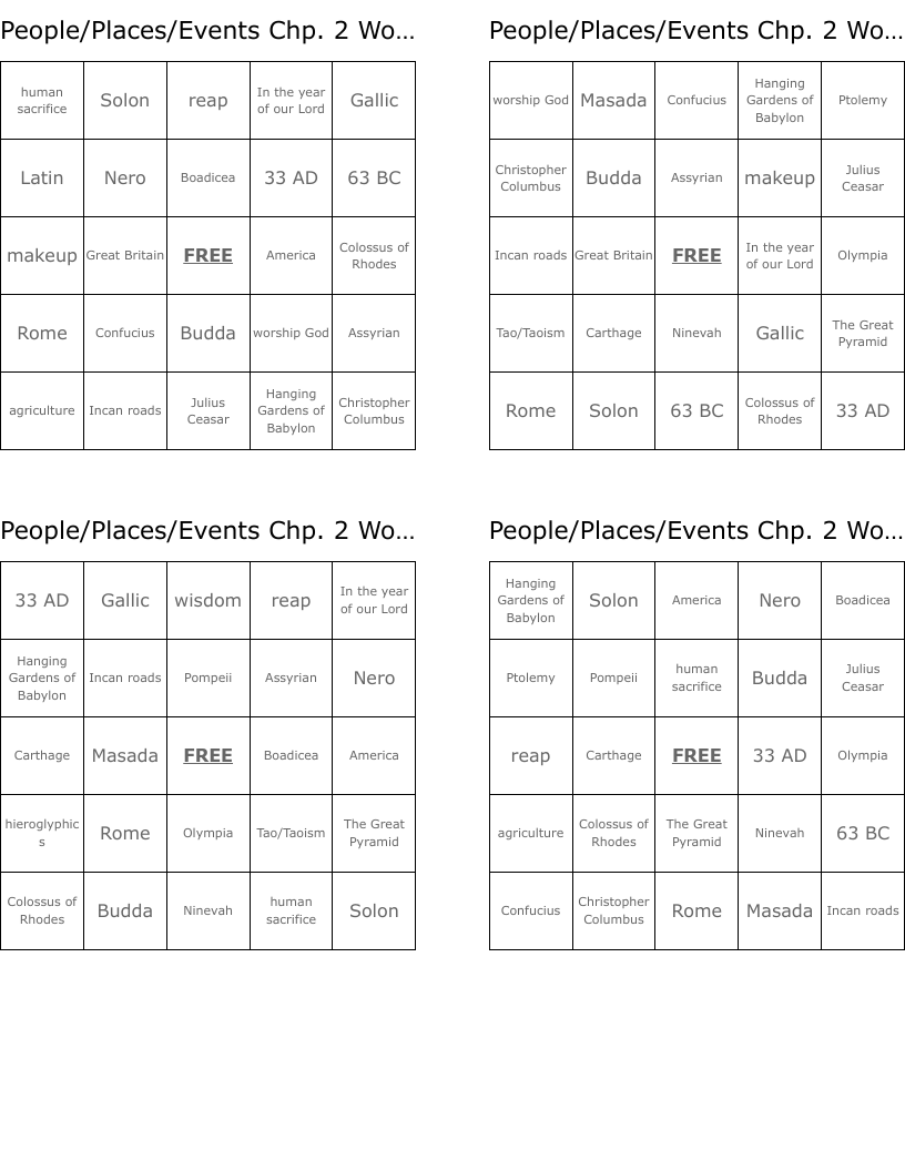 People/Places/Events Chp. 2 World History Bingo Cards