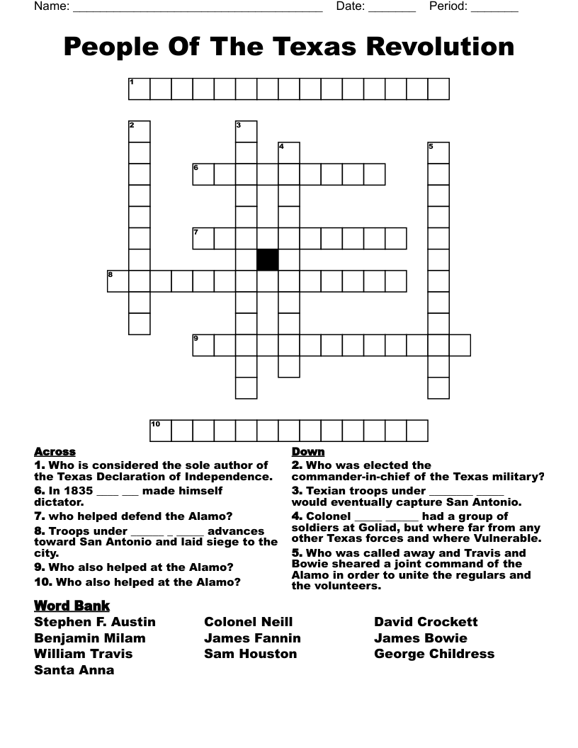 People Of The Texas Revolution  Crossword