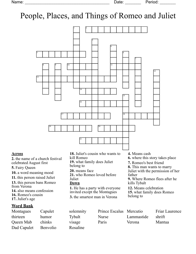 People, Places, and Things of Romeo and Juliet Crossword