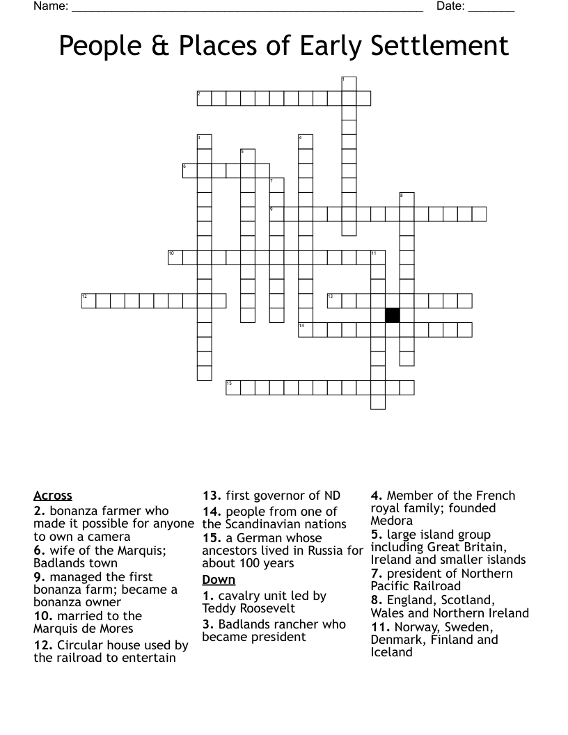 People & Places of Early Settlement Crossword