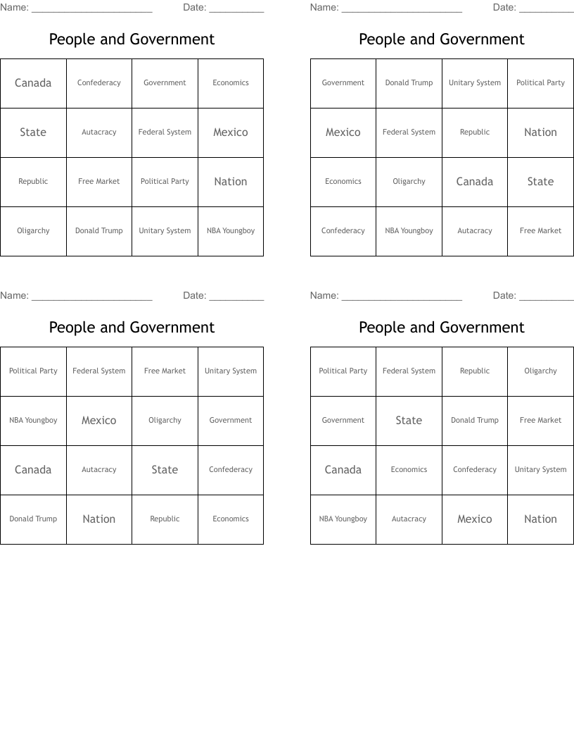 People and Government Bingo Cards