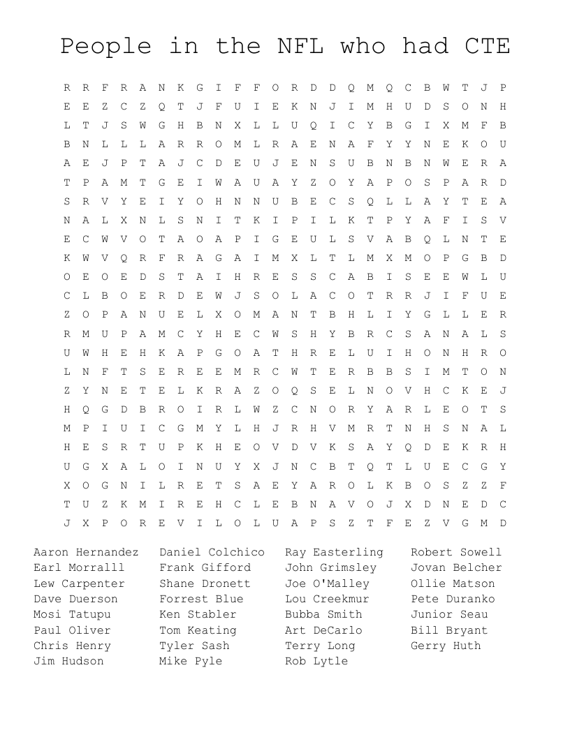 People in the NFL who had CTE Word Search