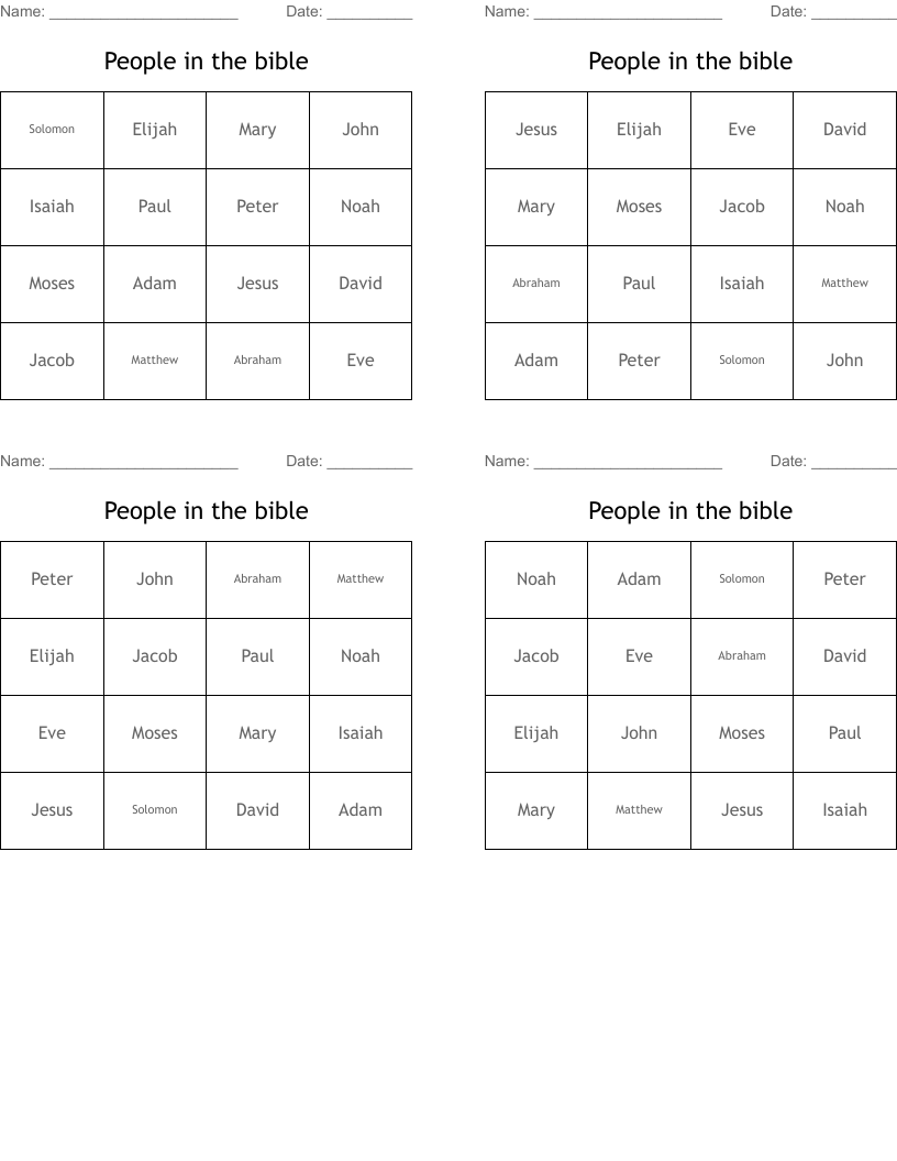 People in the bible Bingo Cards