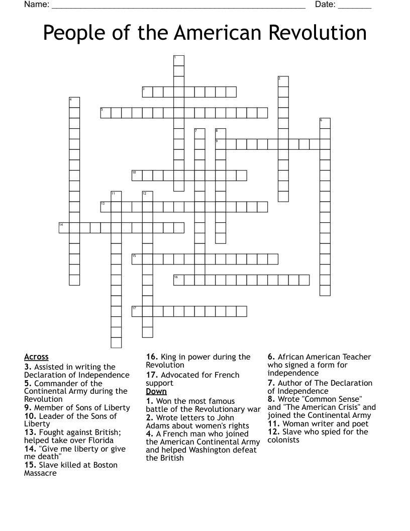People of the American Revolution Crossword