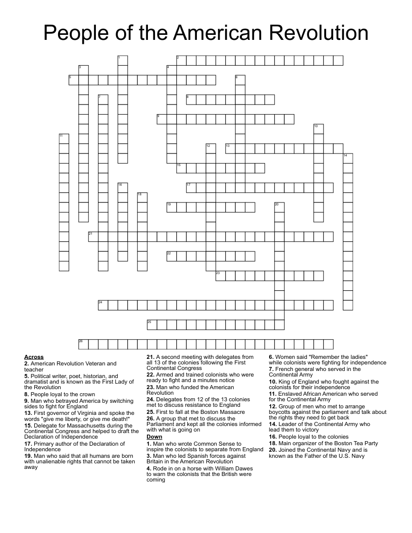 People of the American Revolution Crossword