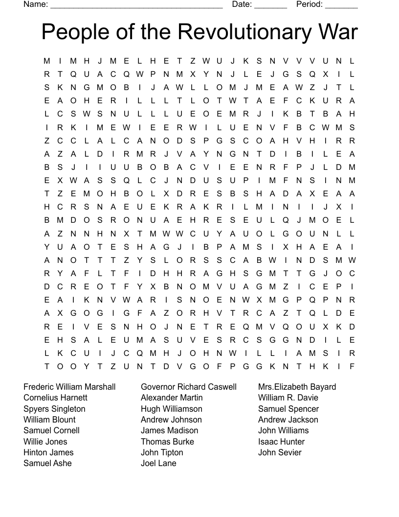 People of the Revolutionary War Word Search