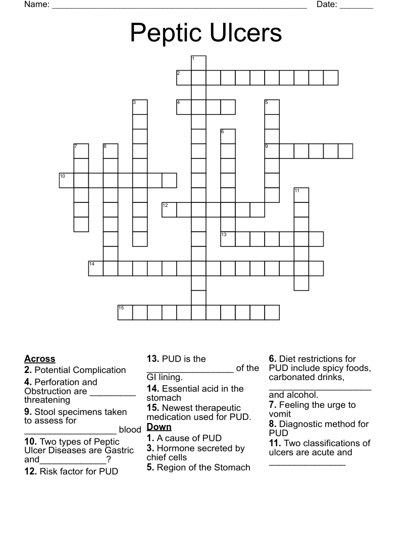 Peptic Ulcers Crossword