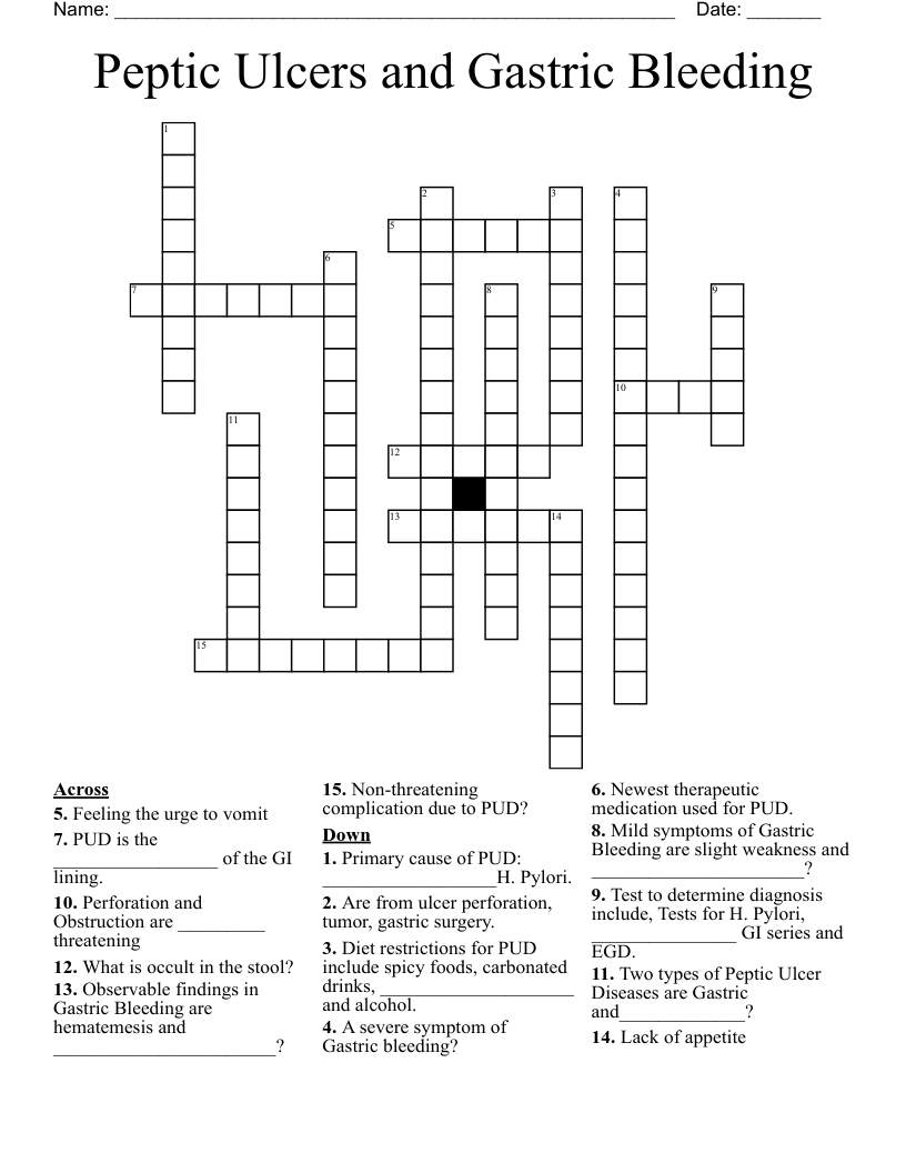 Peptic Ulcers and Gastric Bleeding Crossword