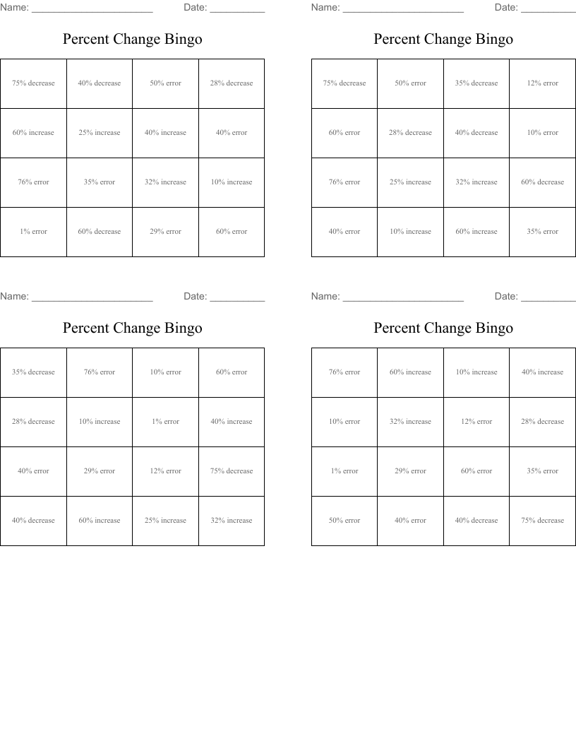 Percent Change Bingo