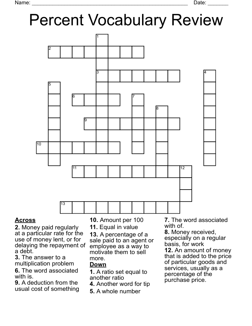 Percent Vocabulary Review Crossword