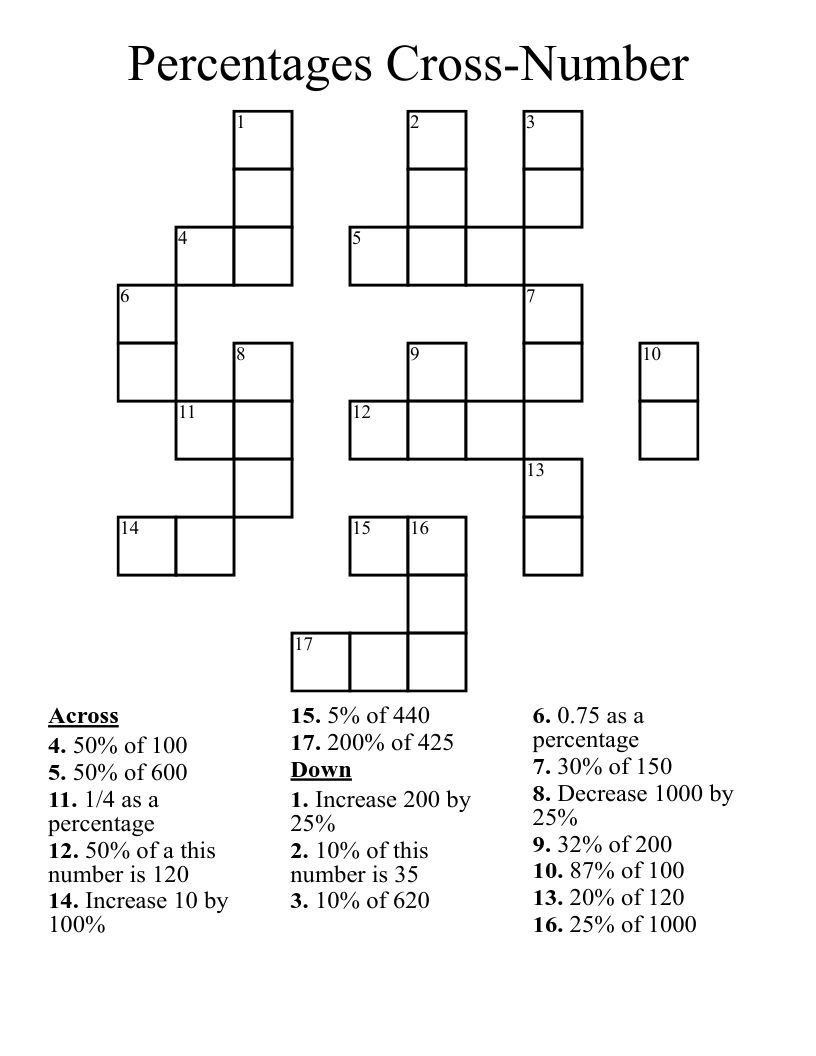 Percentages Cross-Number Crossword