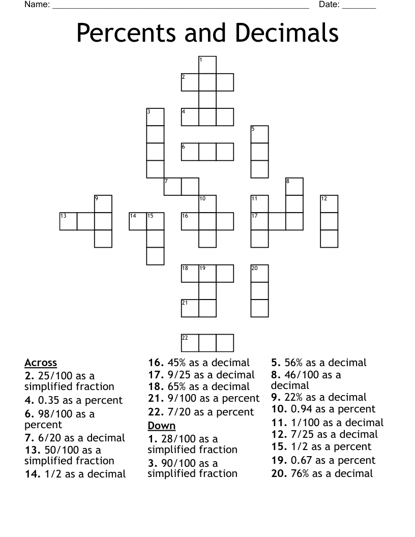 Percents and Decimals Crossword