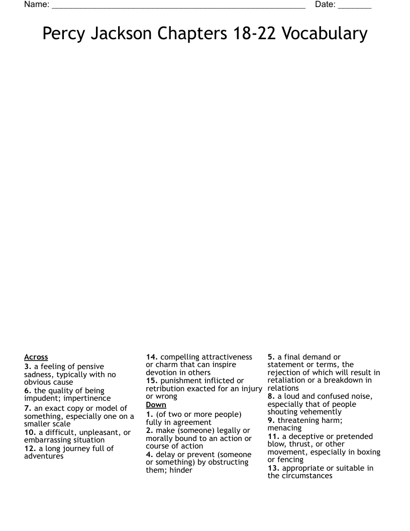 Percy Jackson Chapters 18-22 Vocabulary Crossword