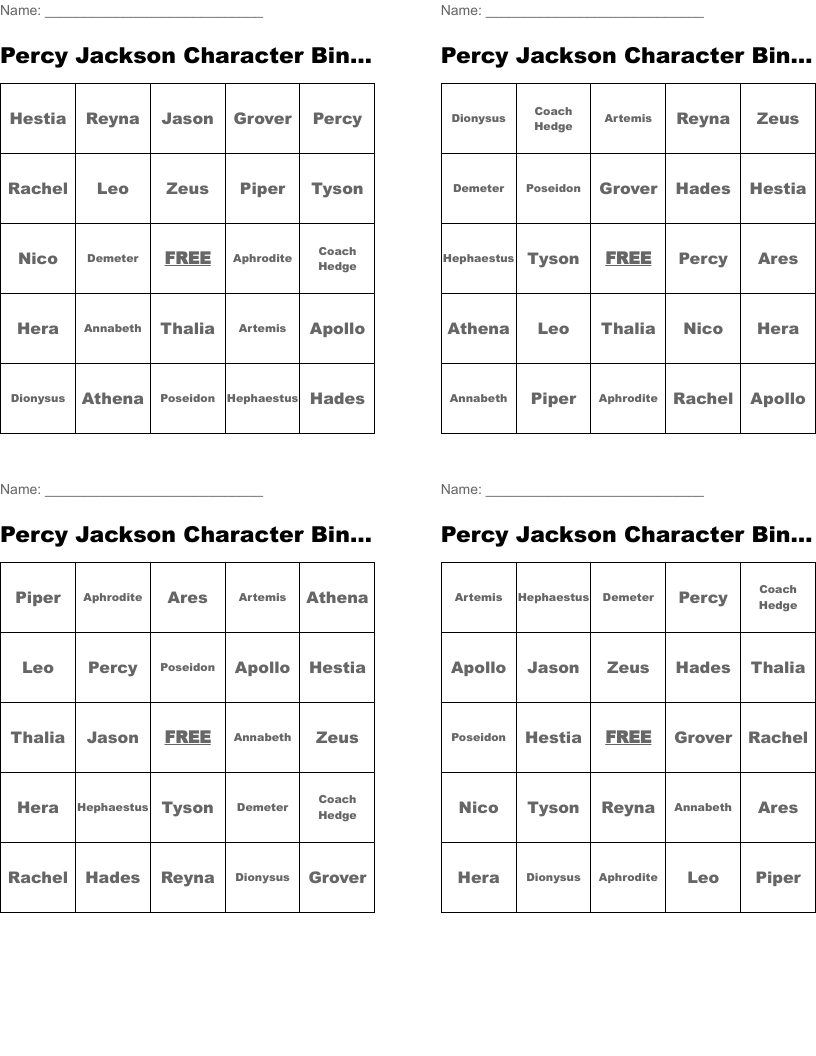 Percy Jackson Character Bingo