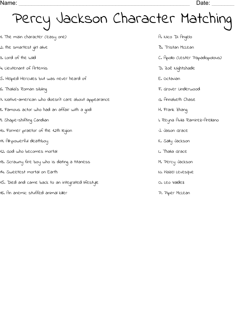 Percy Jackson Character Matching Worksheet