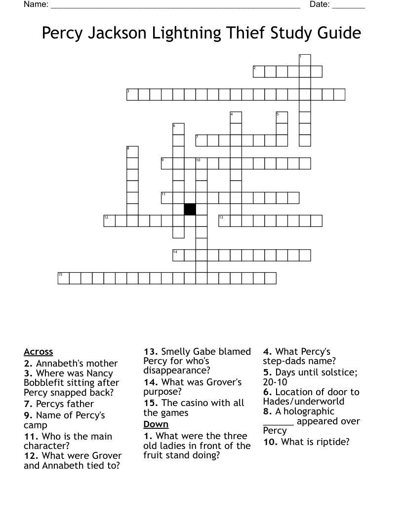 Percy Jackson Lightning Thief Study Guide Crossword
