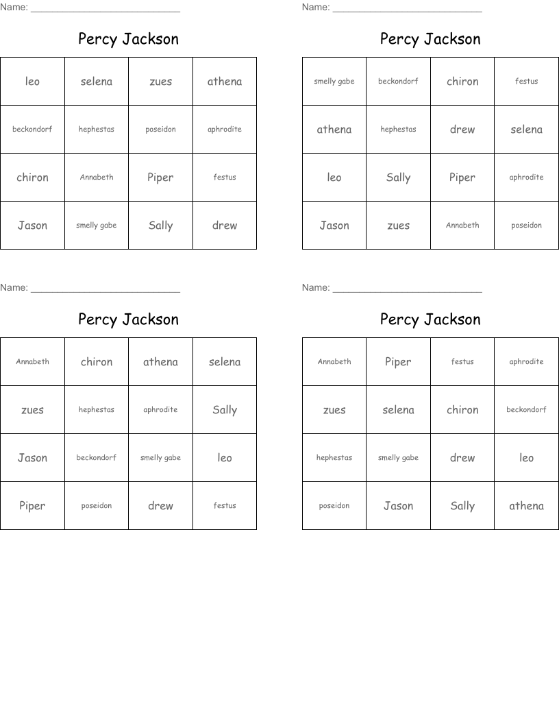 Percy Jackson  Bingo Cards