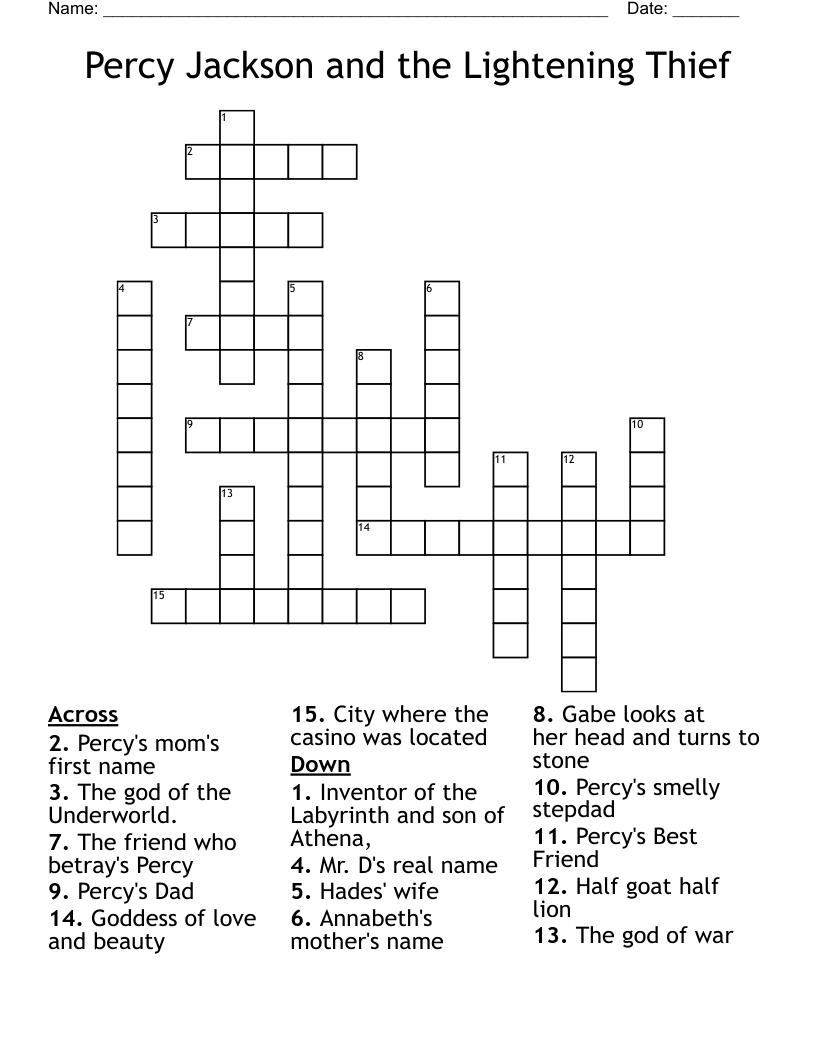 Percy Jackson and the Lightening Thief Crossword