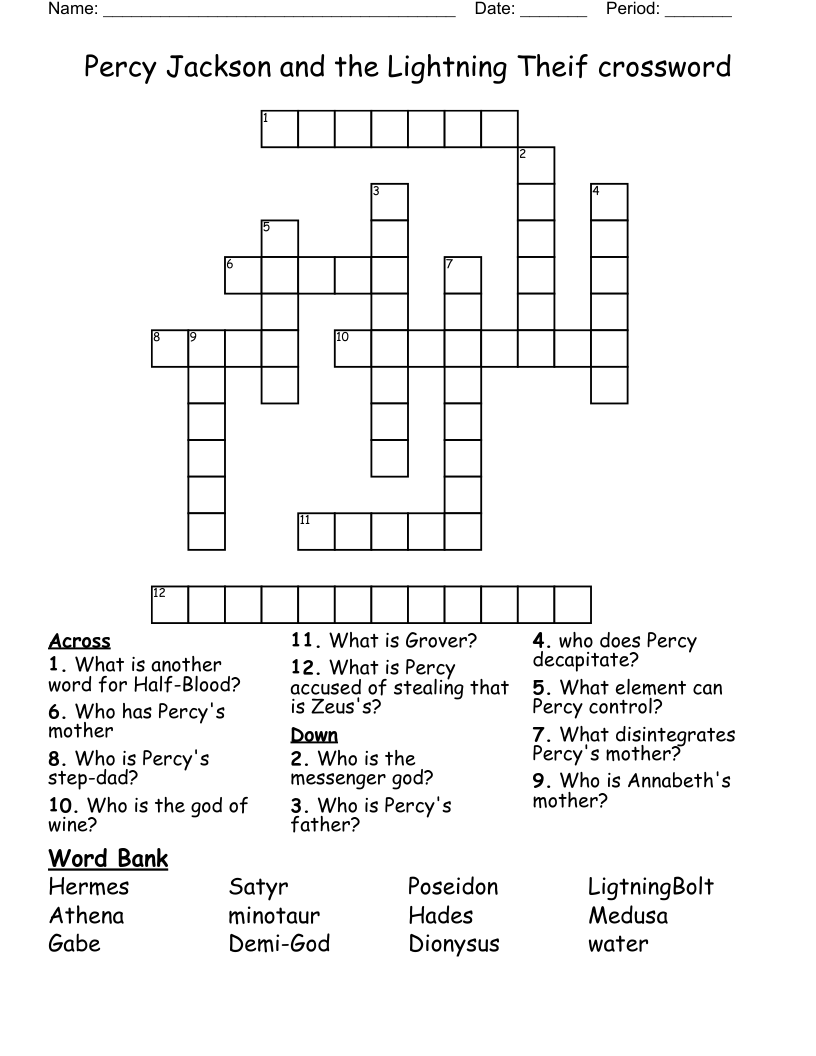 Percy Jackson and the Lightning Theif crossword