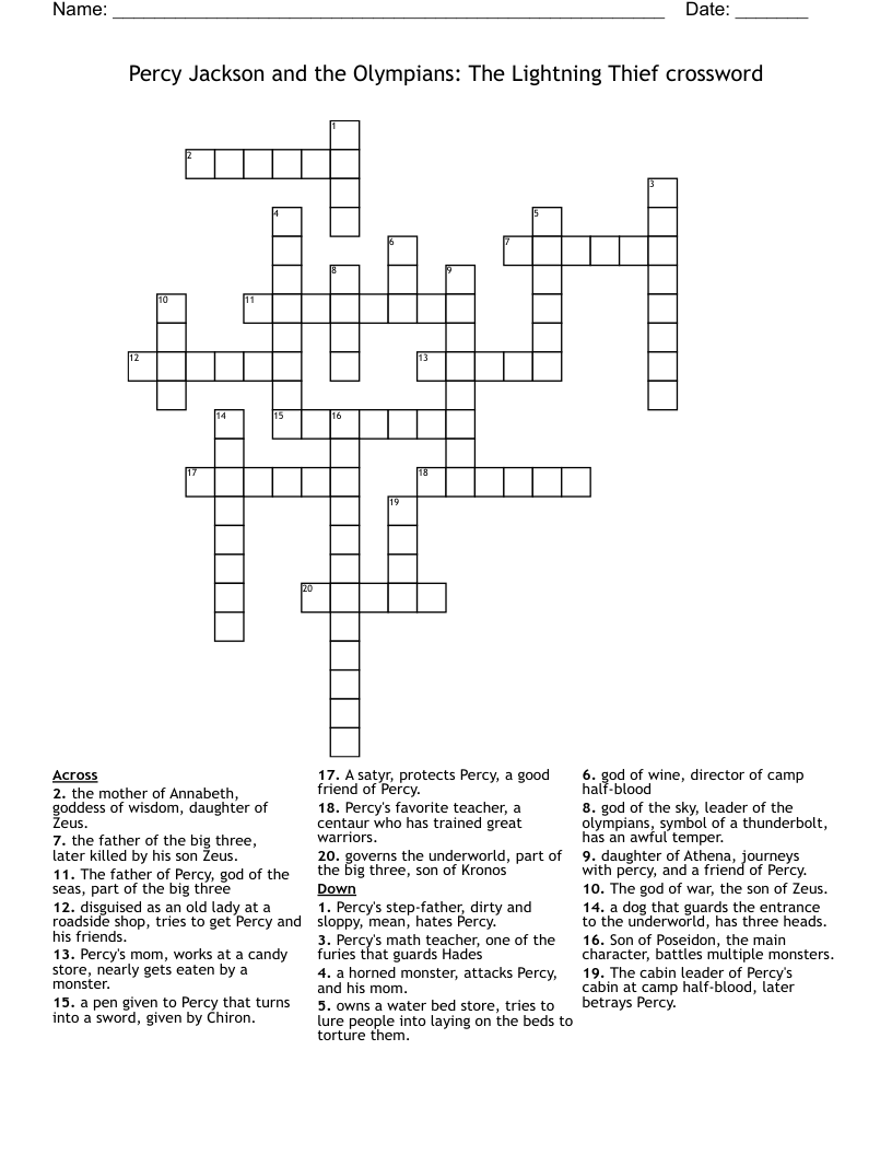 Percy Jackson and the Olympians:            The Lightning Thief crossword