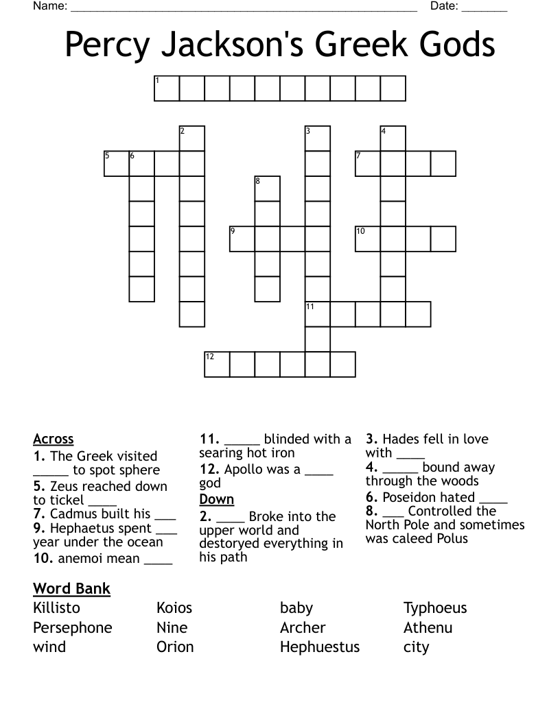 Percy Jackson's Greek Gods Crossword