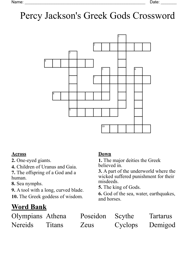 Percy Jackson's Greek Gods Crossword