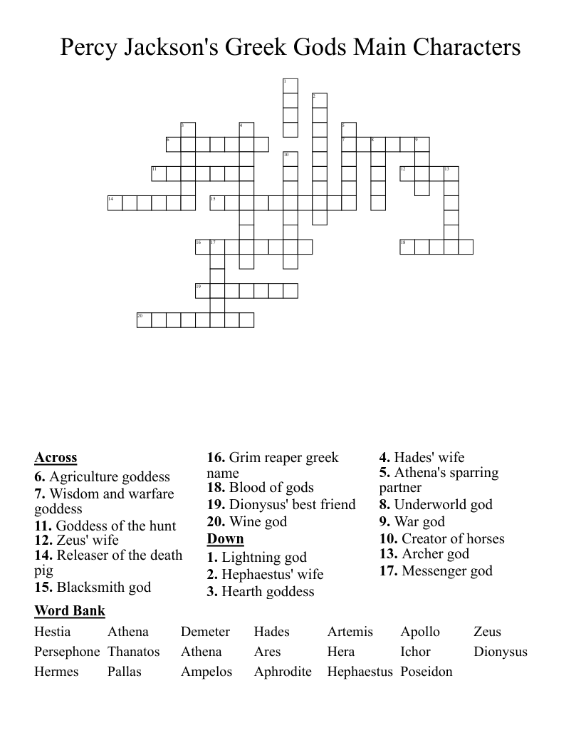 Percy Jackson's Greek Gods Main Characters Crossword