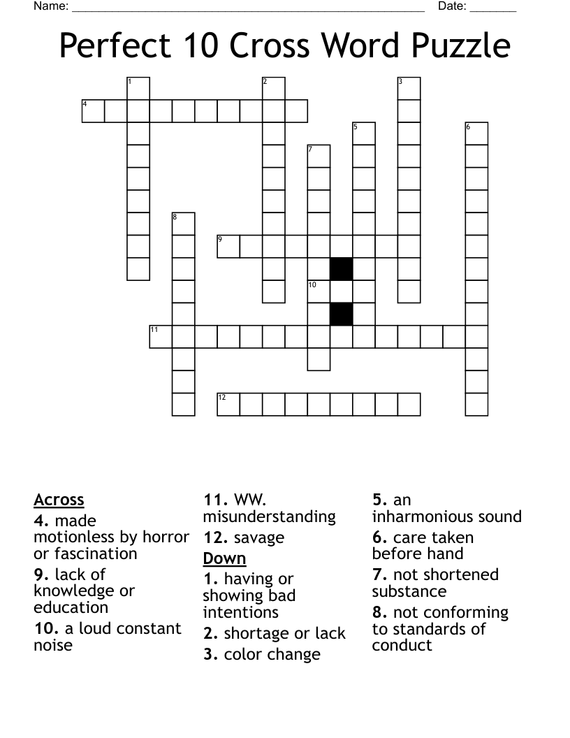 Perfect 10 Cross Word Puzzle